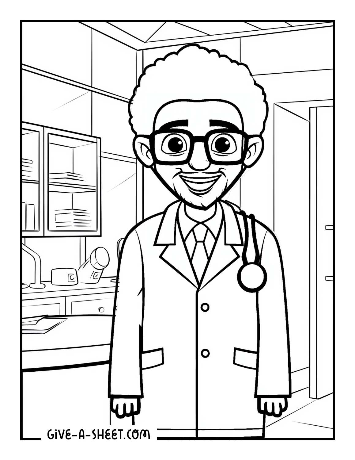 African American doctor in a hospital coloring page.