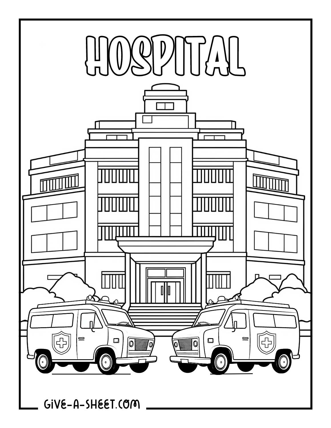 Line art drawing of a hospital. 