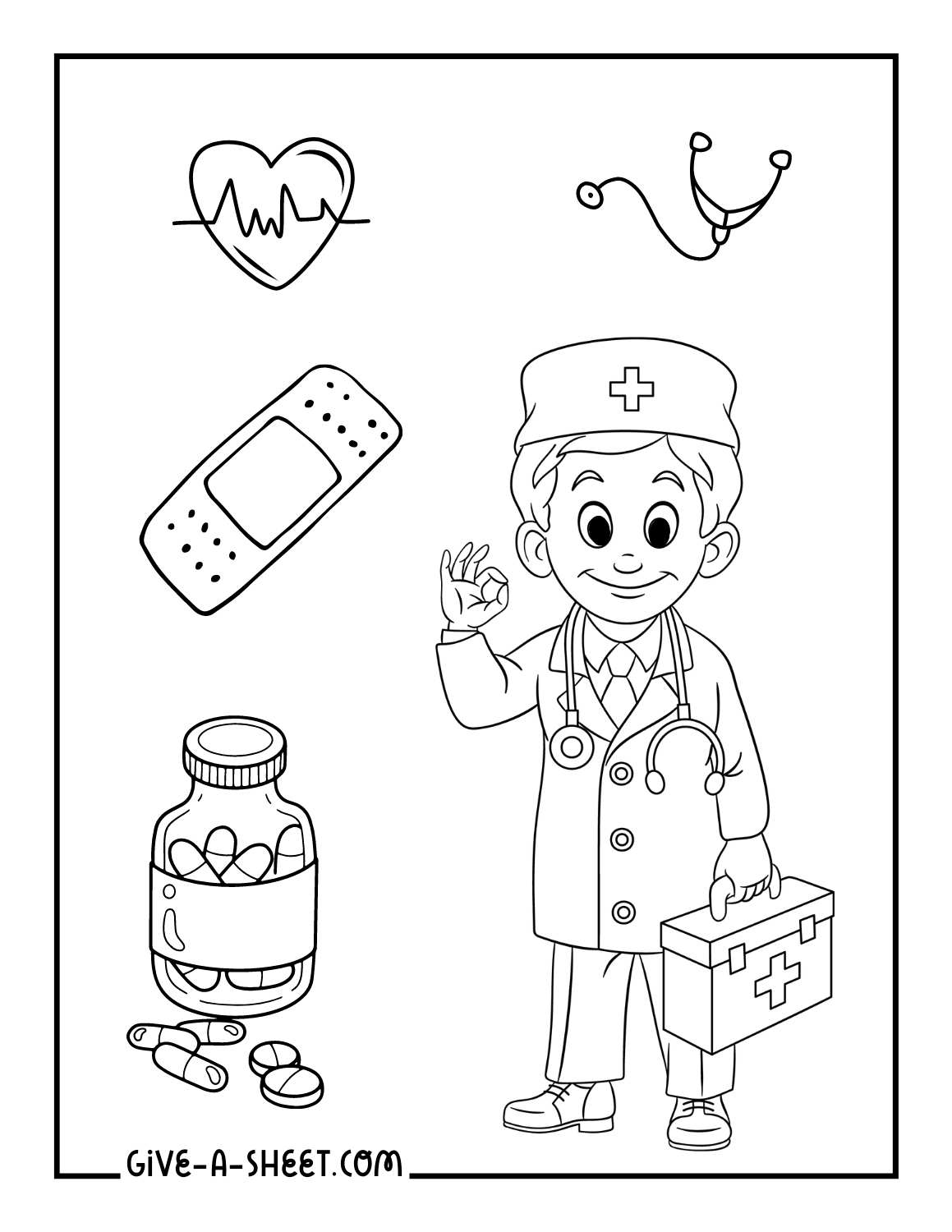 Materials inside a hospital and a doctor simple coloring page.