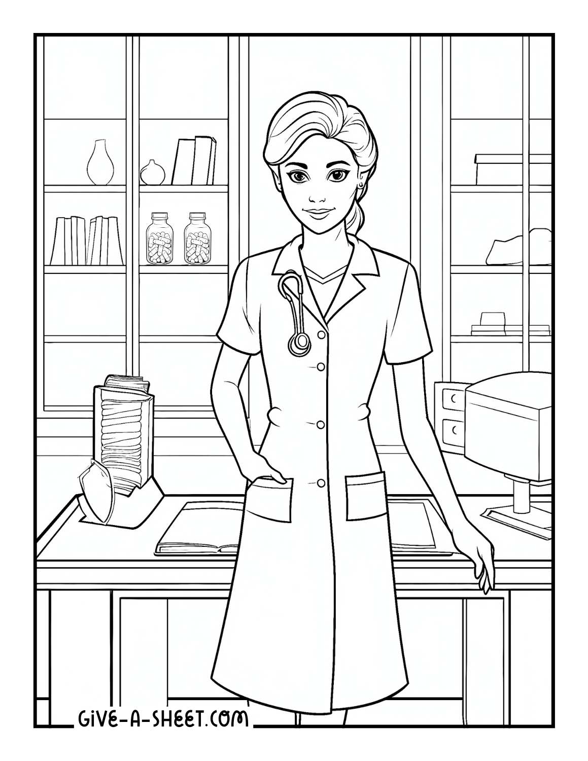 Female nurse inside a clinic coloring page.
