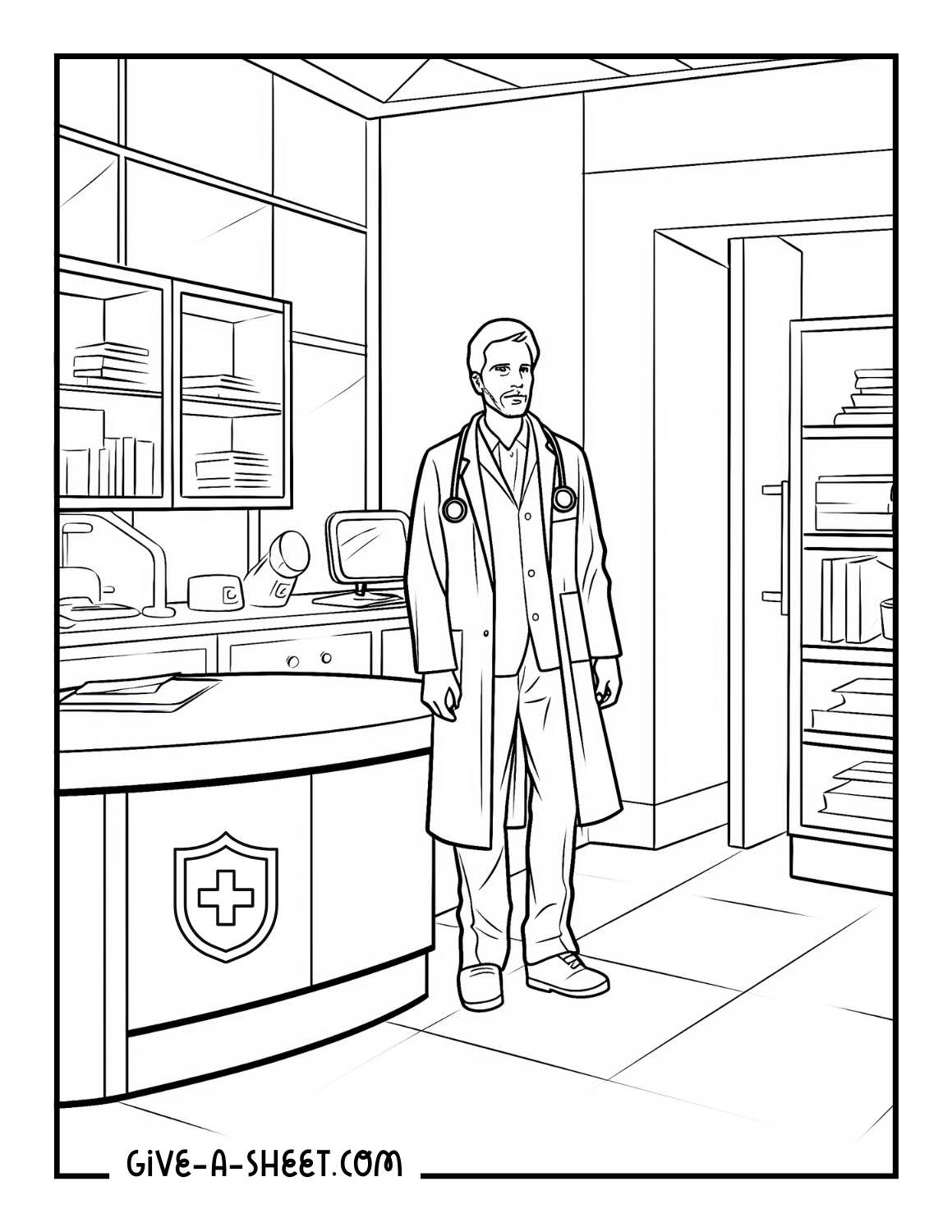 Doctor inside a medical lab detailed coloring sheet.