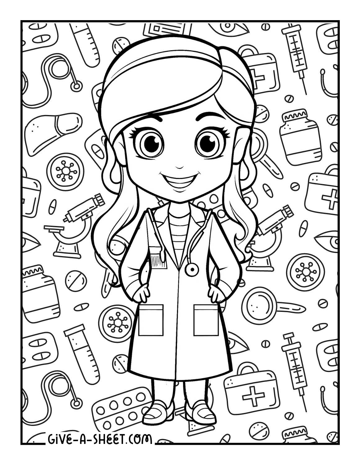 Friendly doctor doodle coloring page.
