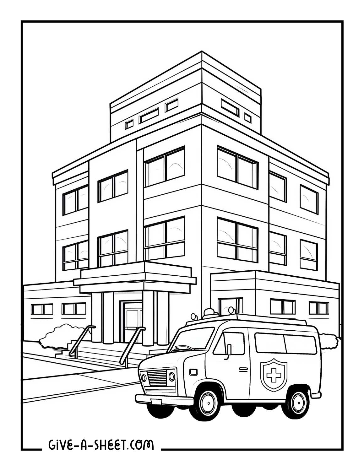 An ambulance outside the hospital coloring page.