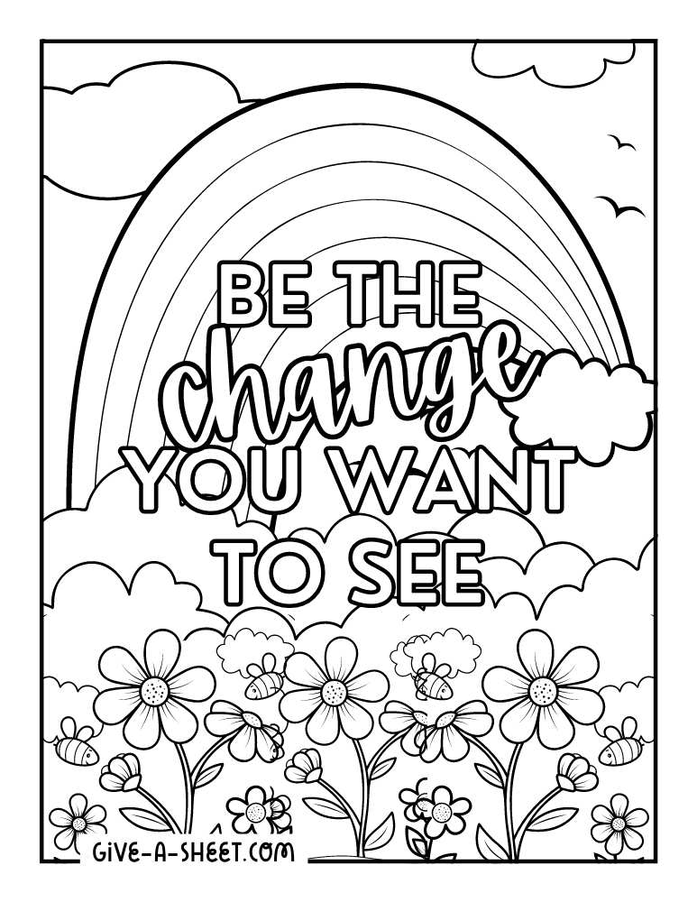 Printable rainbow coloring page for kids with quote.