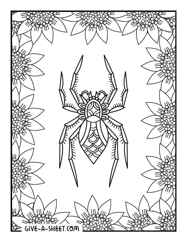 Floral halloween spider coloring page.