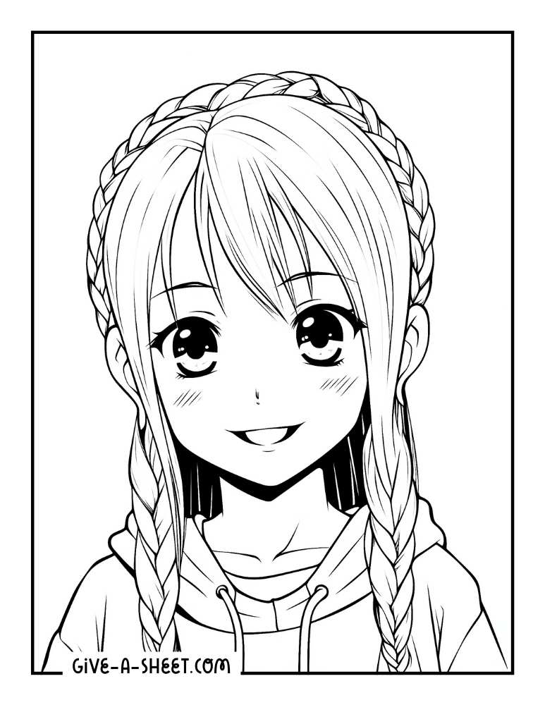 Anime girl with braids printable coloring sheet.