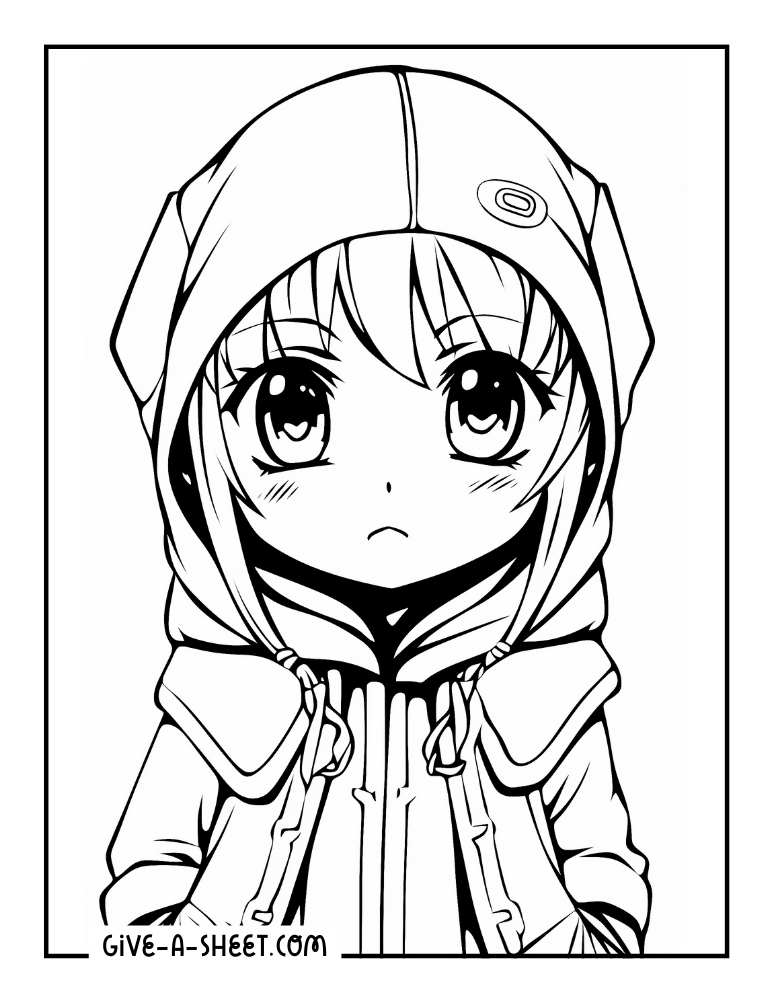 Anime girl with a hood to color.