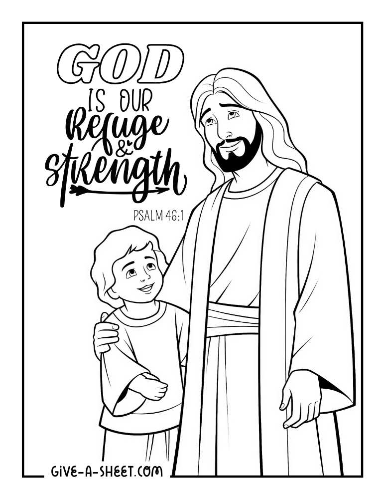 God with a child psalm message coloring sheet.