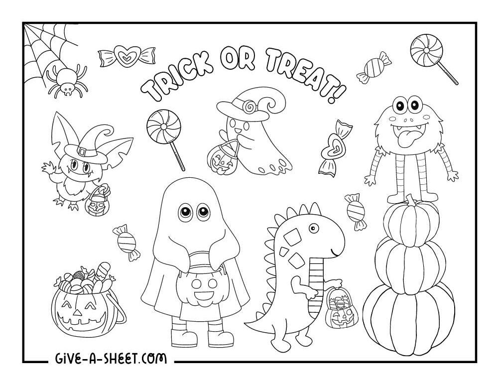 Trick or treat night halloween coloring page.
