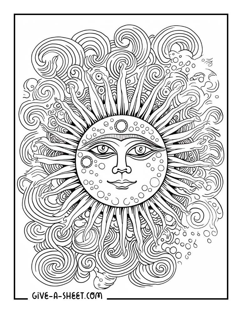 Celestial sun with face coloring sheet.