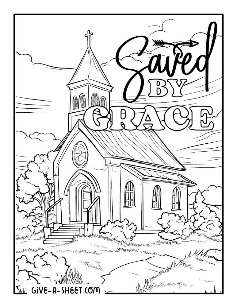 Church with a Christian quote to color for kids.