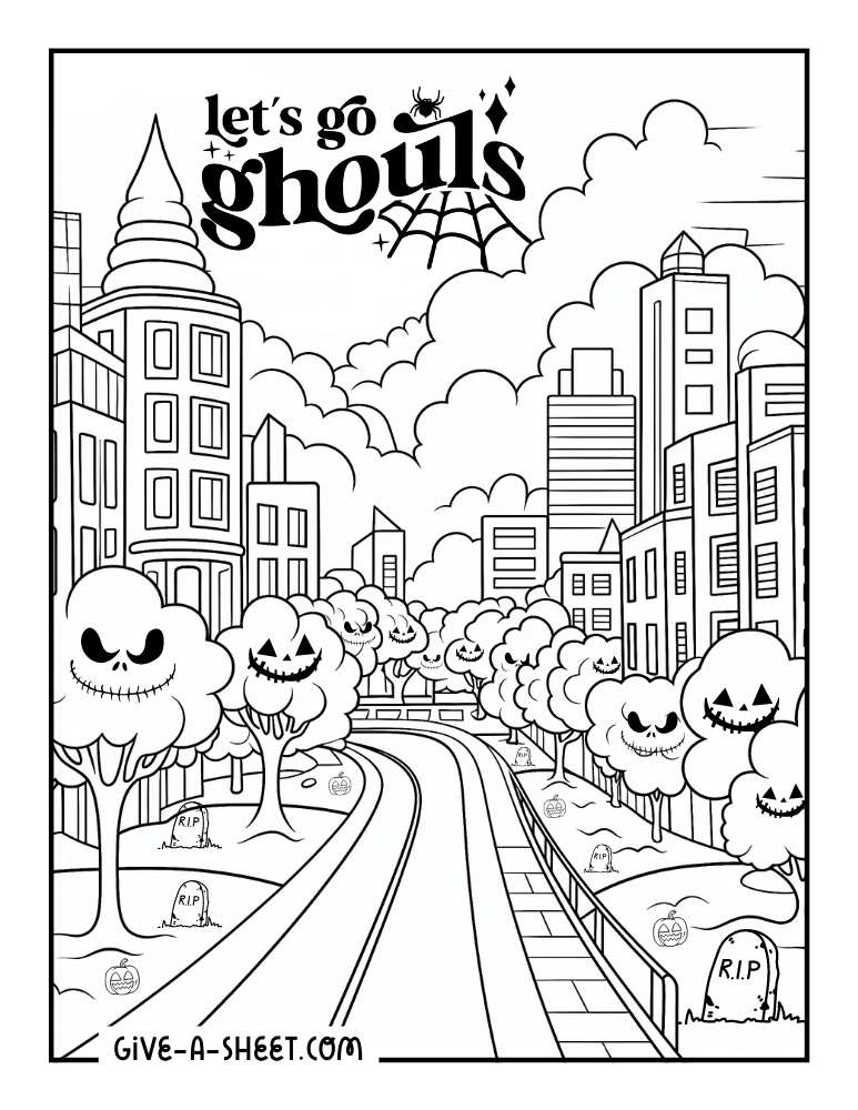 Ghost city halloween coloring page.