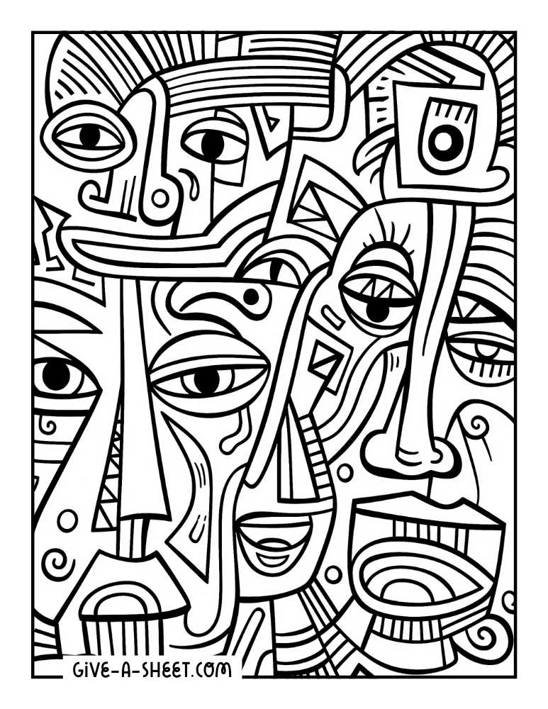 Abstract creepy faces to color in for adults.