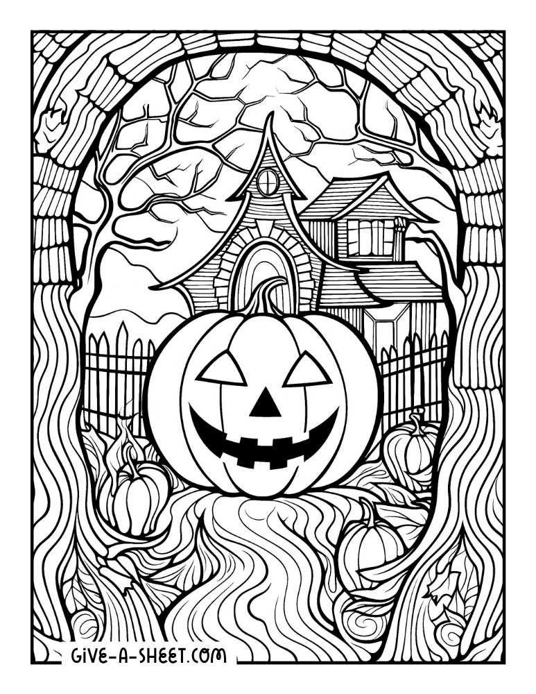 Pumpkin creepy house zentangle halloween coloring page.