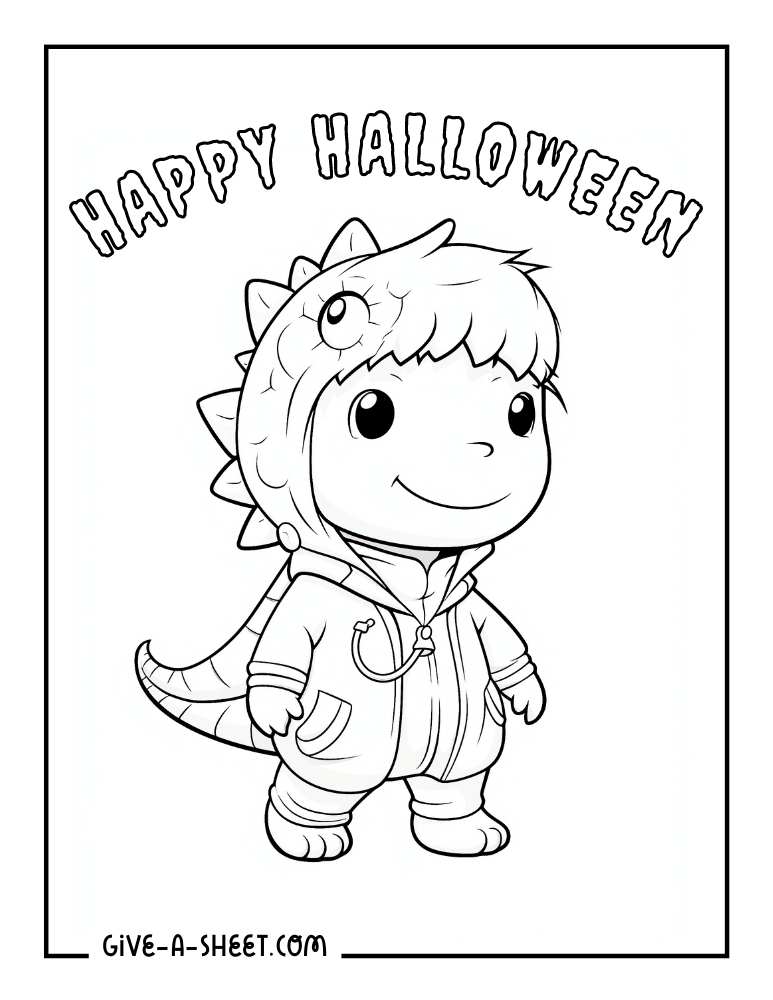 Boy wearing a dinosaur onesie for Halloween coloring page.