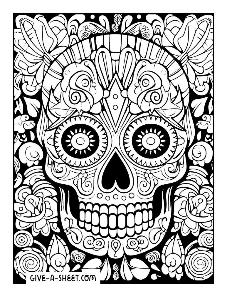 Free detailed sugar skull coloring page for adults.
