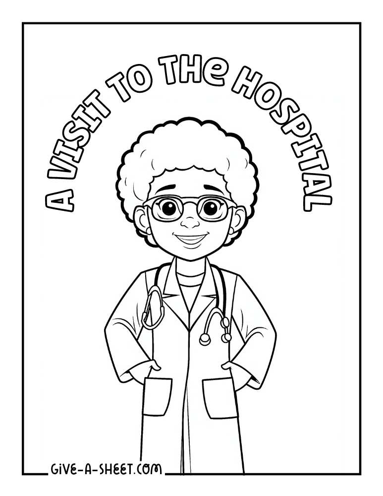 A male doctor with a stethoscope and hands on a lab gown coloring page.