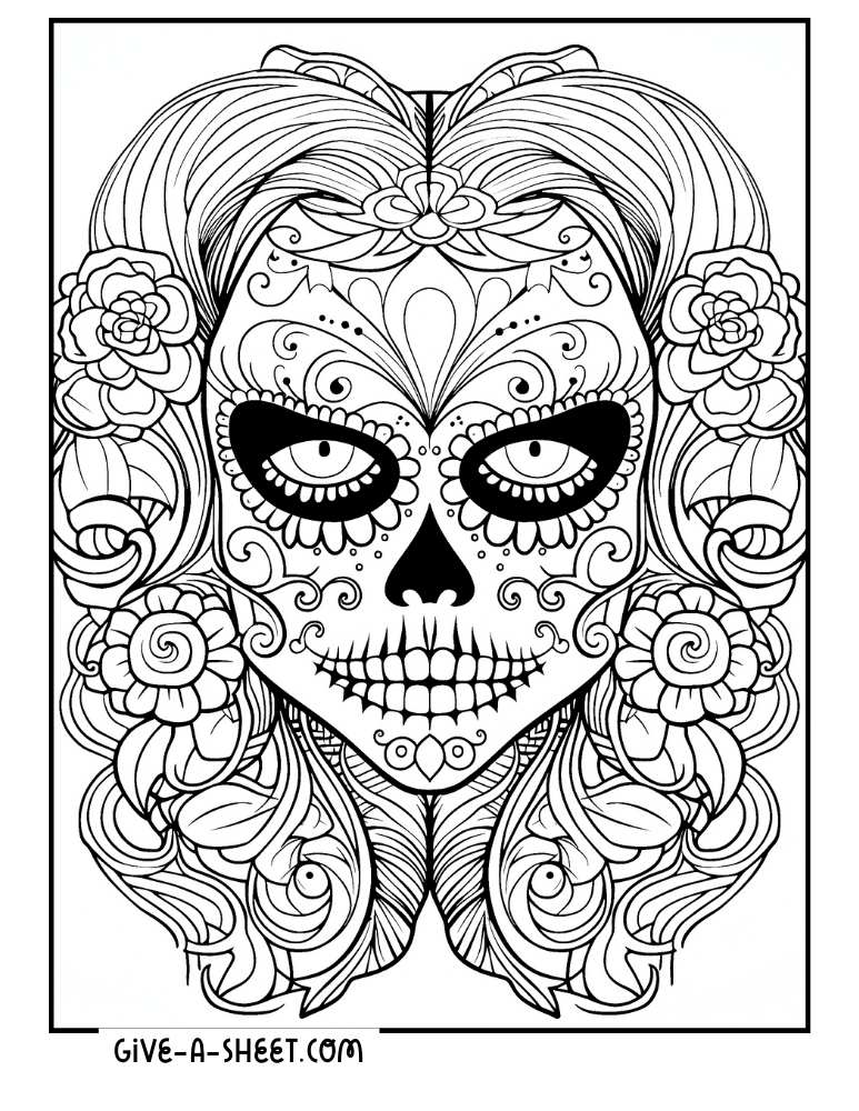 Creepy day of the dead sugar skull coloring page.