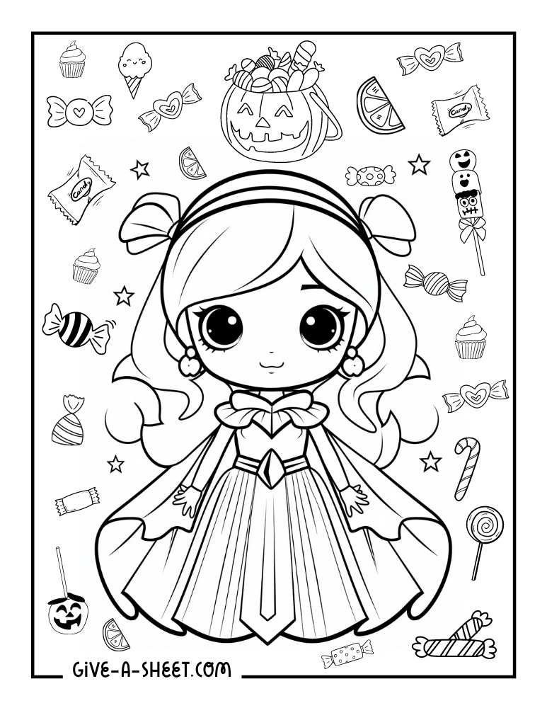 Princess halloween coloring page with doodled candies and treats.
