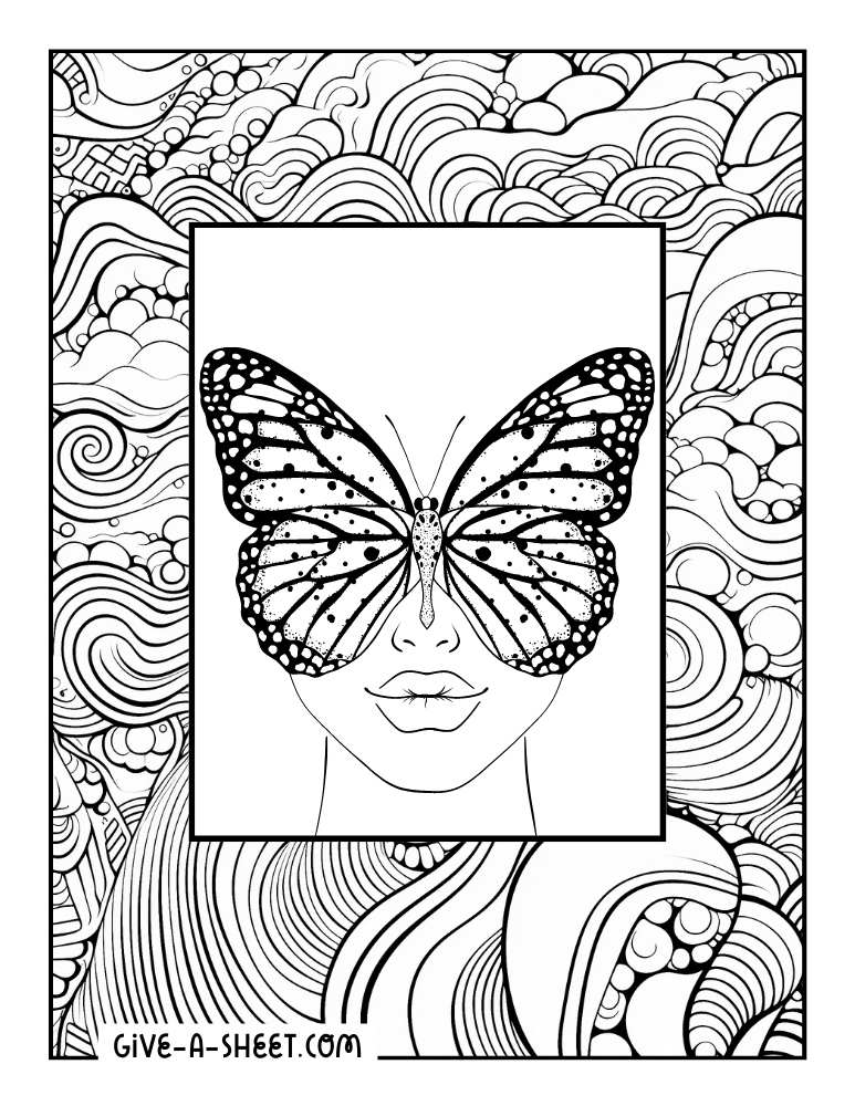 Enchanting face with butterfly coloring sheet.