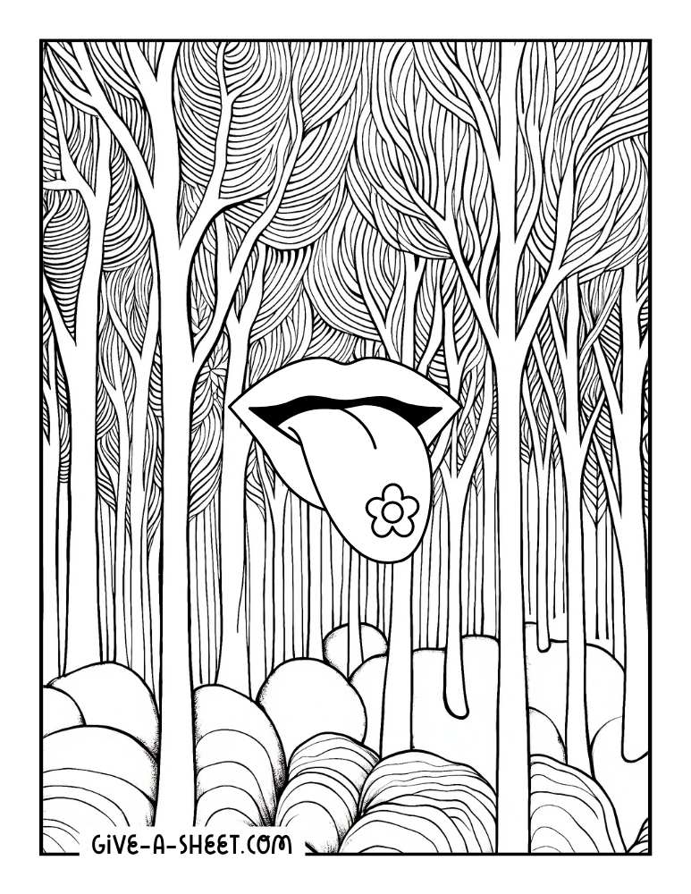 Expressive tongue coloring page for adults.
