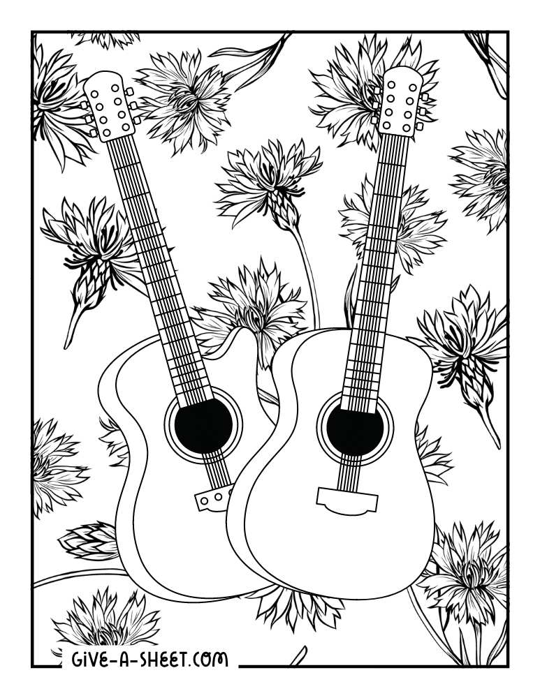 Two guitars on a floral background coloring page.