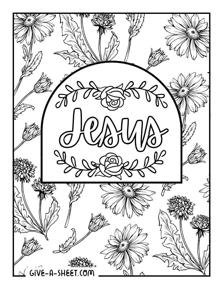 Jesus with floral background coloring page.