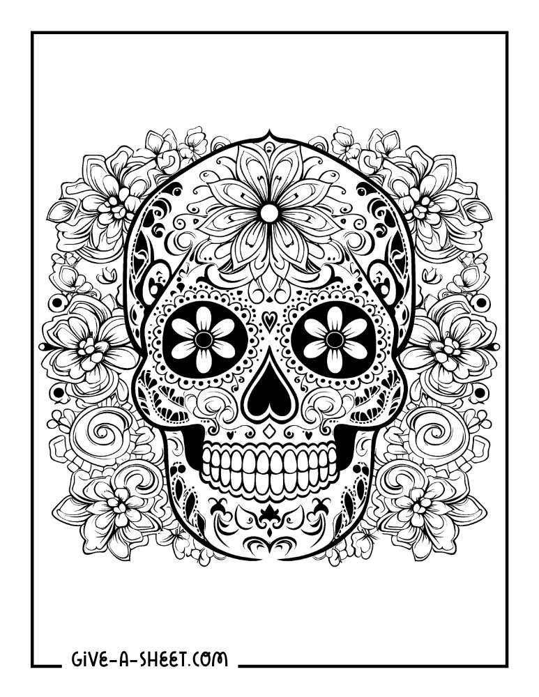 Floral sugar skull coloring page for adults.