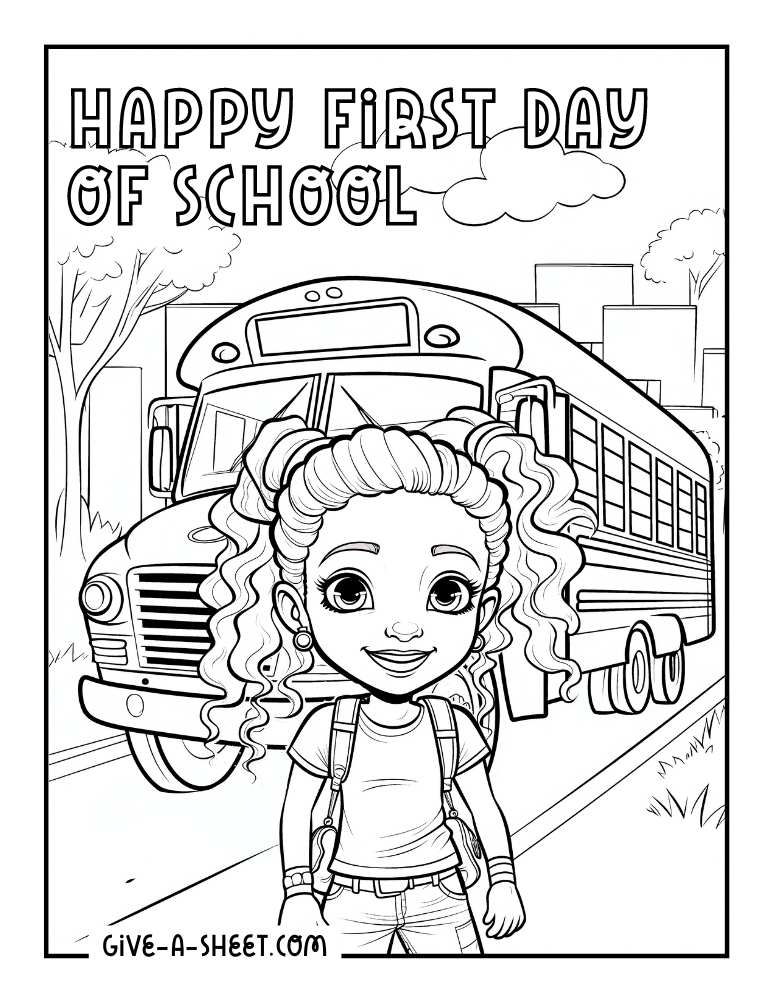 New students in front of the school bus on the first day of school coloring page.
