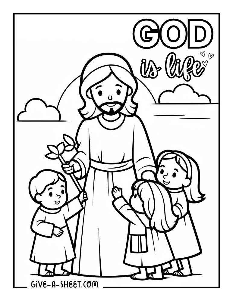 Simple God with children coloring page.
