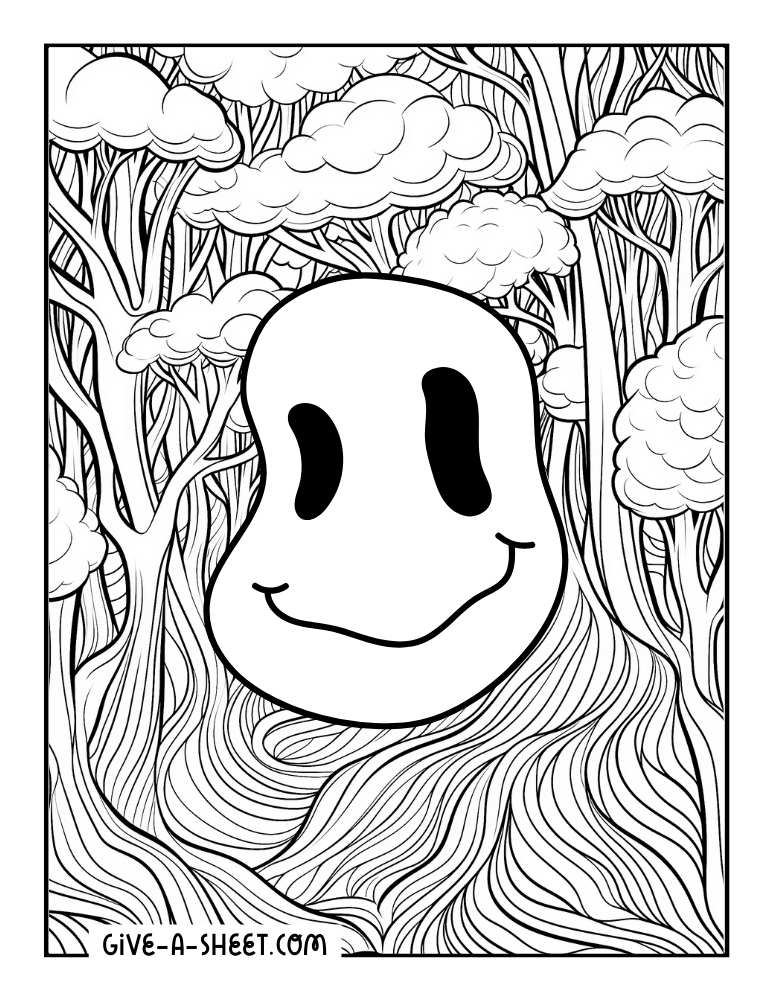 Groovy smiley face forest coloring page.