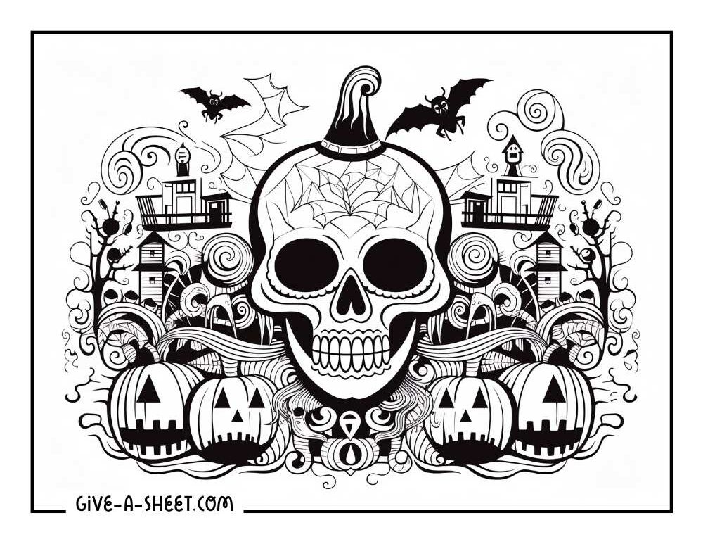 Detailed halloween sugar skull coloring page.