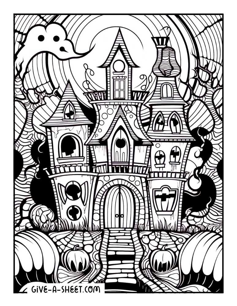 Haunted house halloween zentangle coloring sheet for adults.