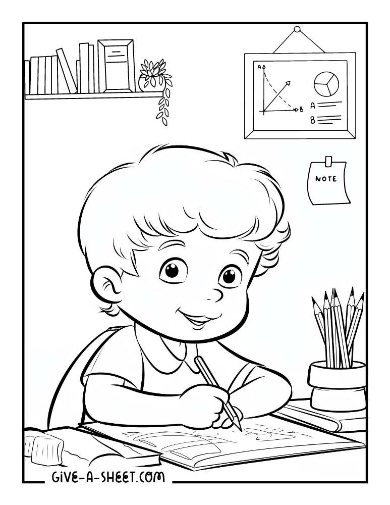 Kid doing homework fun activity coloring page.