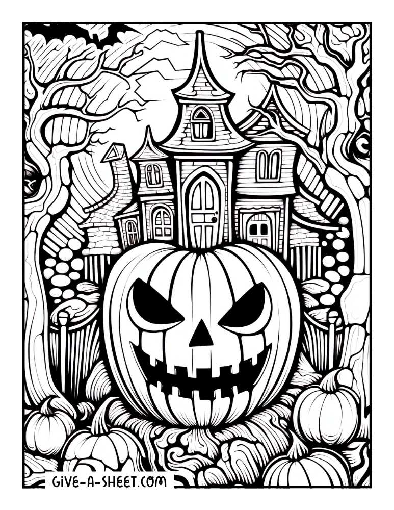 Horror house and pumpkin halloween zentangle coloring page.