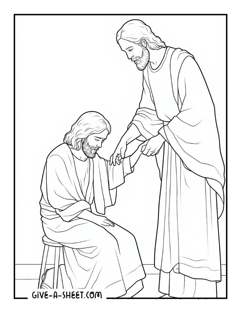 Jesus healing Bartimeaus of Bethsaida coloring sheet.