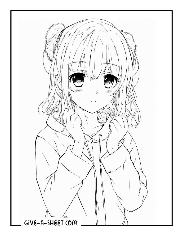 Kawaii anime girl with hoodie printable coloring sheet.