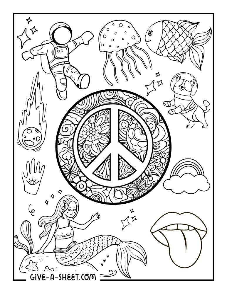Mind bending collage of different objects coloring page.