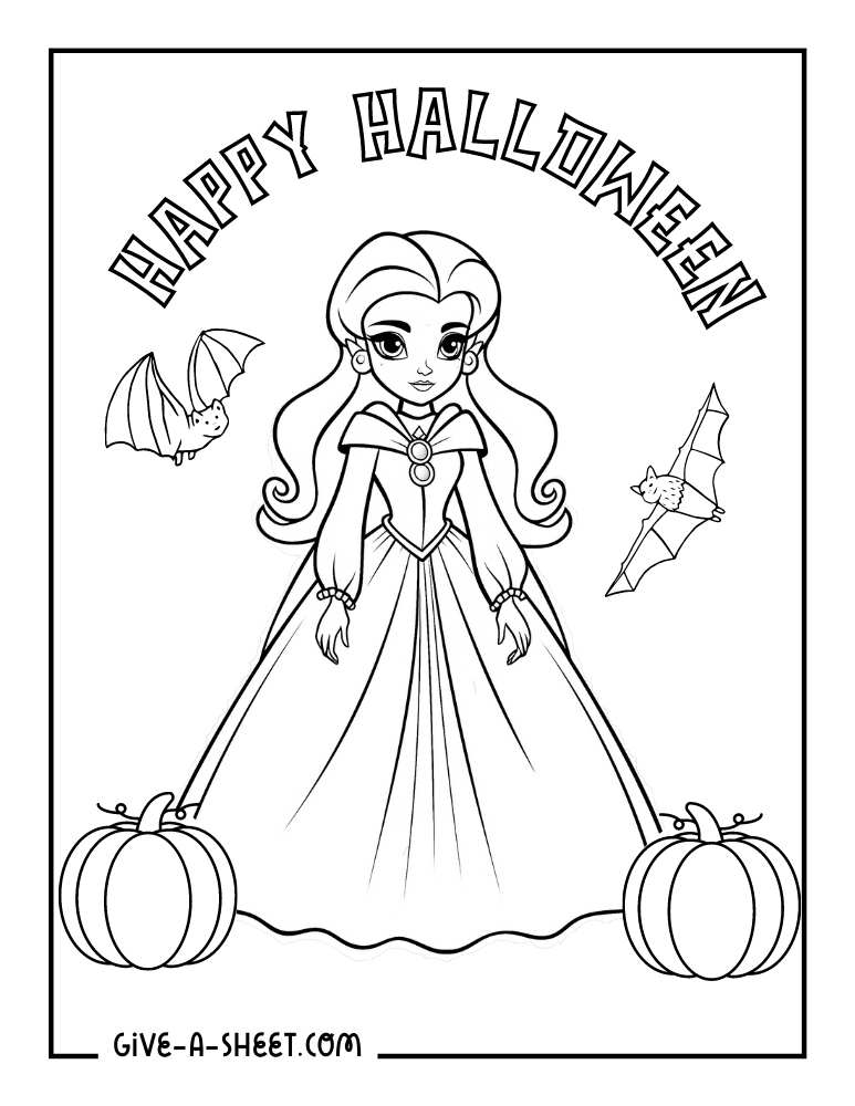 Simple halloween princess to color for kids.