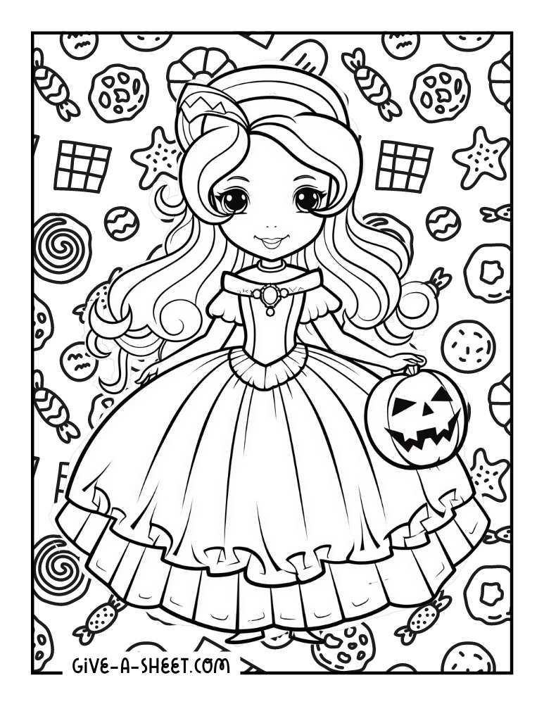 Pumpkin princess with candies halloween coloring sheet.