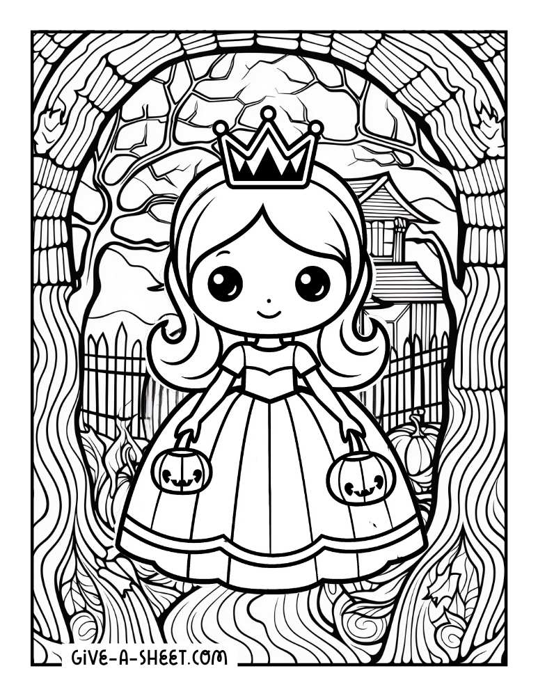 Doodle pumpkin princess halloween coloring page.