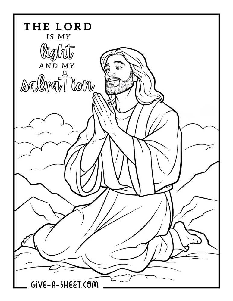 Jesus kneeling and praying coloring page.
