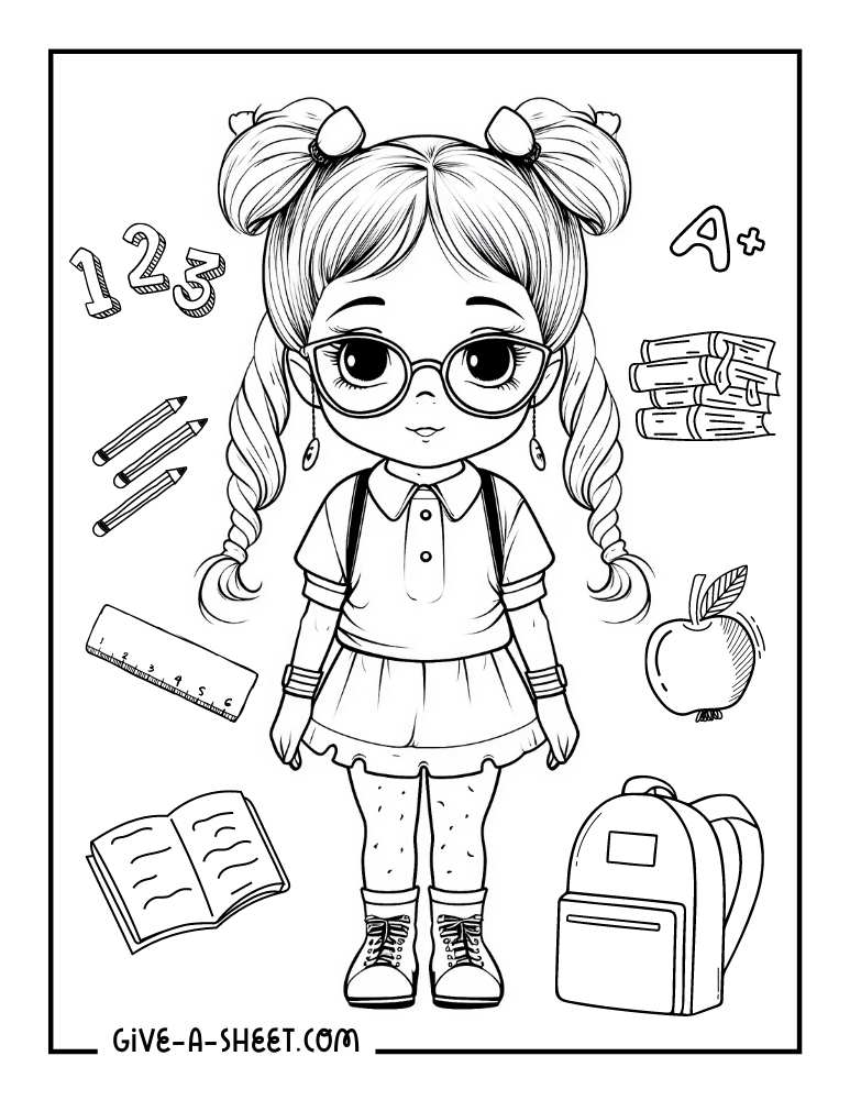 School girl anime with school supplies to color.