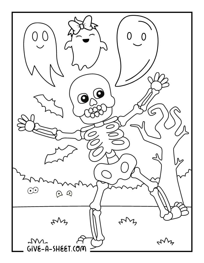Dancing skeleton for Halloween coloring page for kids.