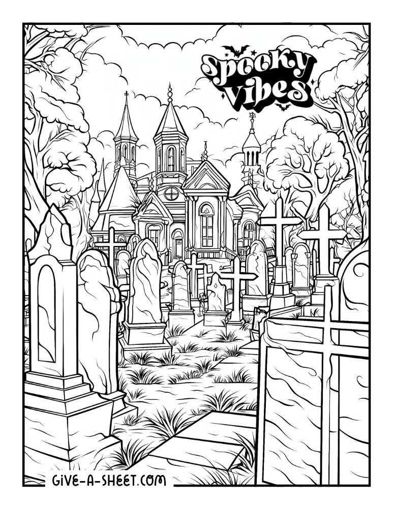 Spooky cemetery for Halloween to color for adults.