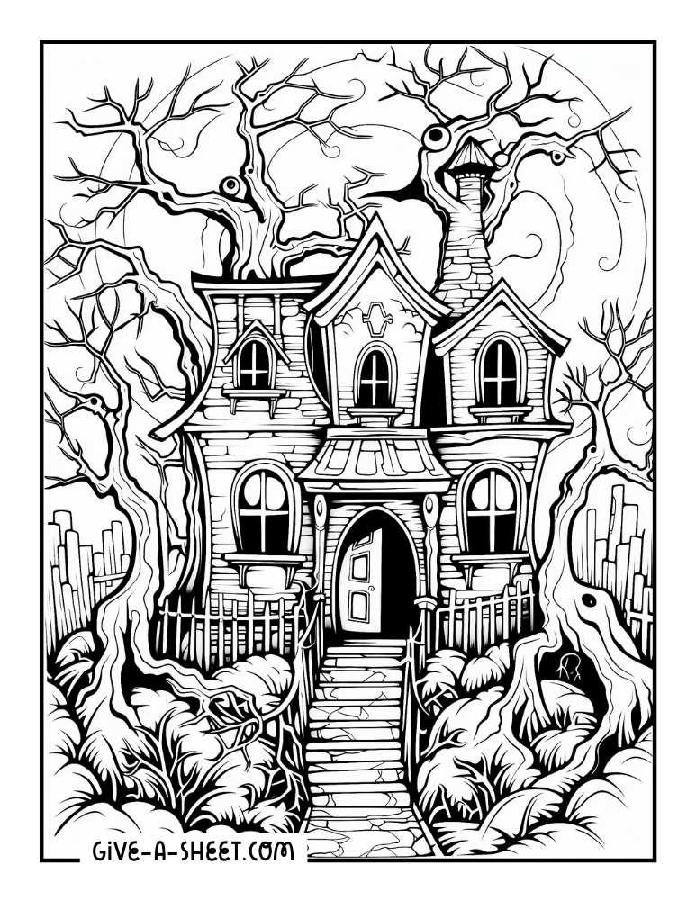 Creepy house halloween coloring page for adults.