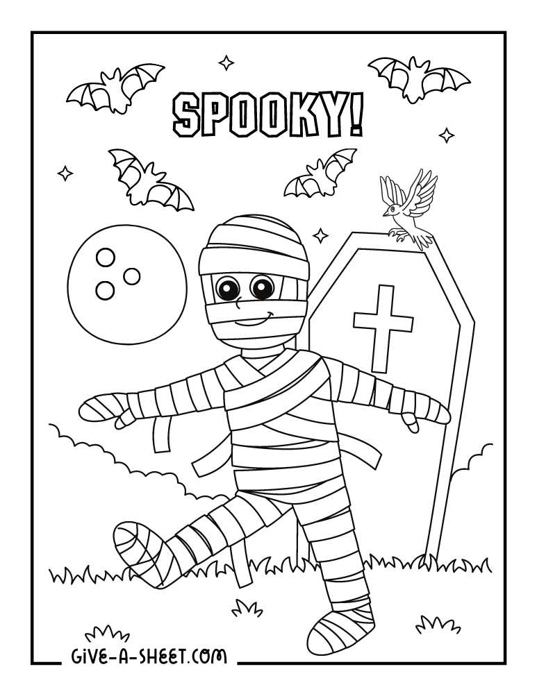 Mummy walking around halloween coloring sheet for kids.