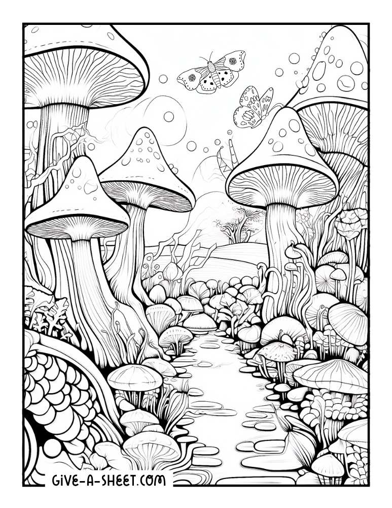 Surreal mushroom forest coloring page.