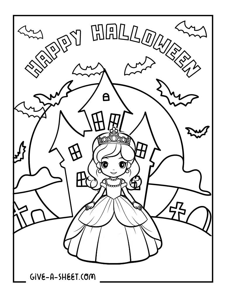 Princess on a haunted castle halloween coloring page for kids.