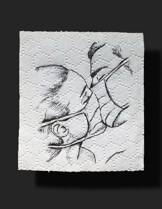 Sketch on a piece of toilet paper of two masked people kissing.